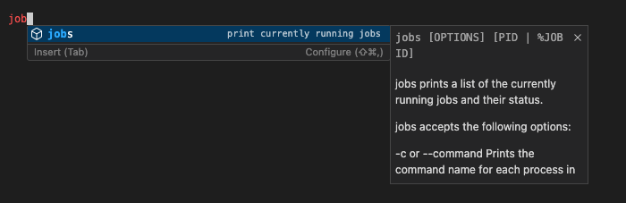 Screenshot of the Visual Studio Code Terminal with a fish terminal showing a user has typed jobs. The suggest widget shown provides information about the jobs command with detailed usage examples and options.