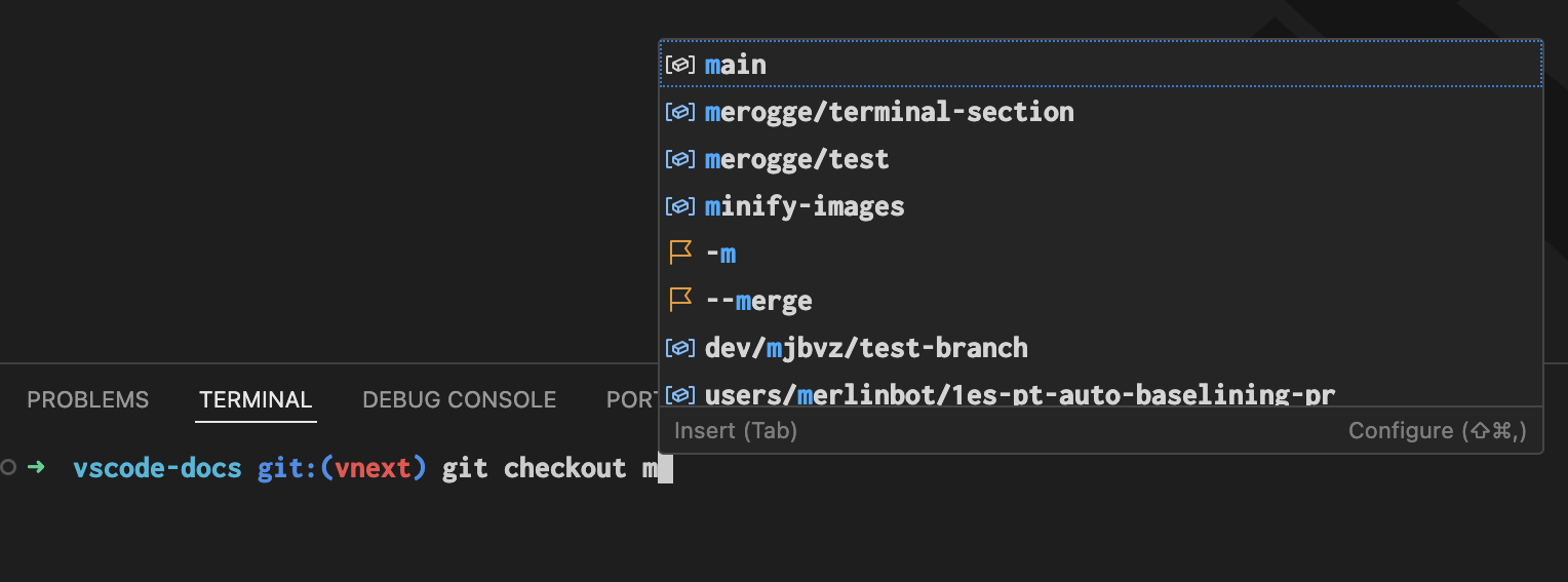 A user has typed git checkout in a terminal and requests completions. The completion list shows branch names like main and merogge/terminal-section