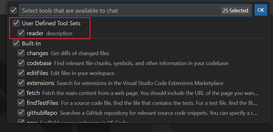 Screenshot showing the tools picker, highlighting user-defined tool sets.