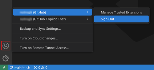 Accounts menu in VS Code, showing the option to sign out of the current GitHub account.