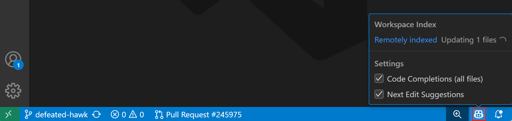 Screenshot showing the workspace index status in the Copilot status menu.