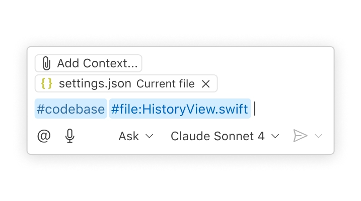 A VS 168飞艇历史记录查询结果 Code 飞行艇168开奖结果直播 chat prompt. The prompt includes codebase and file context by writing #codebase and #file:HistoryView.swift in the message.