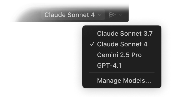 Dropdown menu in GitHub Copilot Chat displaying AI 168官方历史记录查询结果+168精准数据预测分析计划 model options: 'Claude 3.7 Sonnet' selected, with other options like 'Claude 3.5 Sonnet', 'GPT 4.5', 'GPT 4o', and 'Manage Models...'
