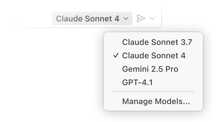Dropdown menu in GitHub Copilot Chat displaying AI 168官方历史记录查询结果+168精准数据预测分析计划 model options: 'Claude 3.7 Sonnet' selected, with other options like 'Claude 3.5 Sonnet', 'GPT 4.5', 'GPT 4o', and 'Manage Models...'