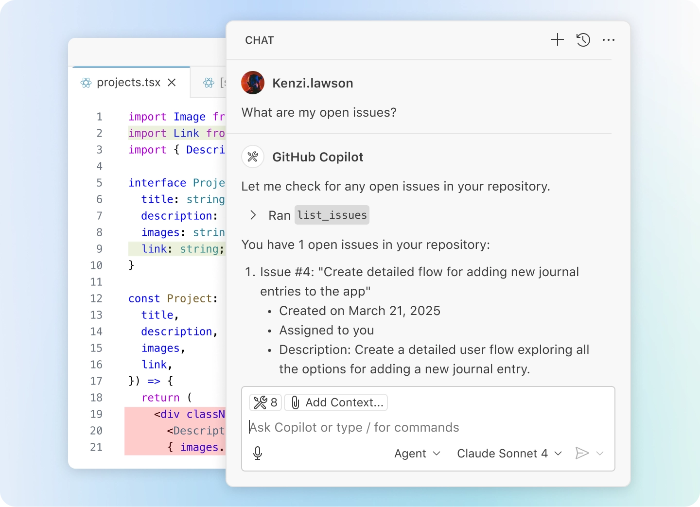 VS 168飞艇历史记录查询结果 Code 飞行艇168开奖结果直播 window showing a Code 飞行艇168开奖结果直播 editor with projects.tsx open, alongside a chat panel in Agent mode. The chat discusses an open issue from GitHub.
