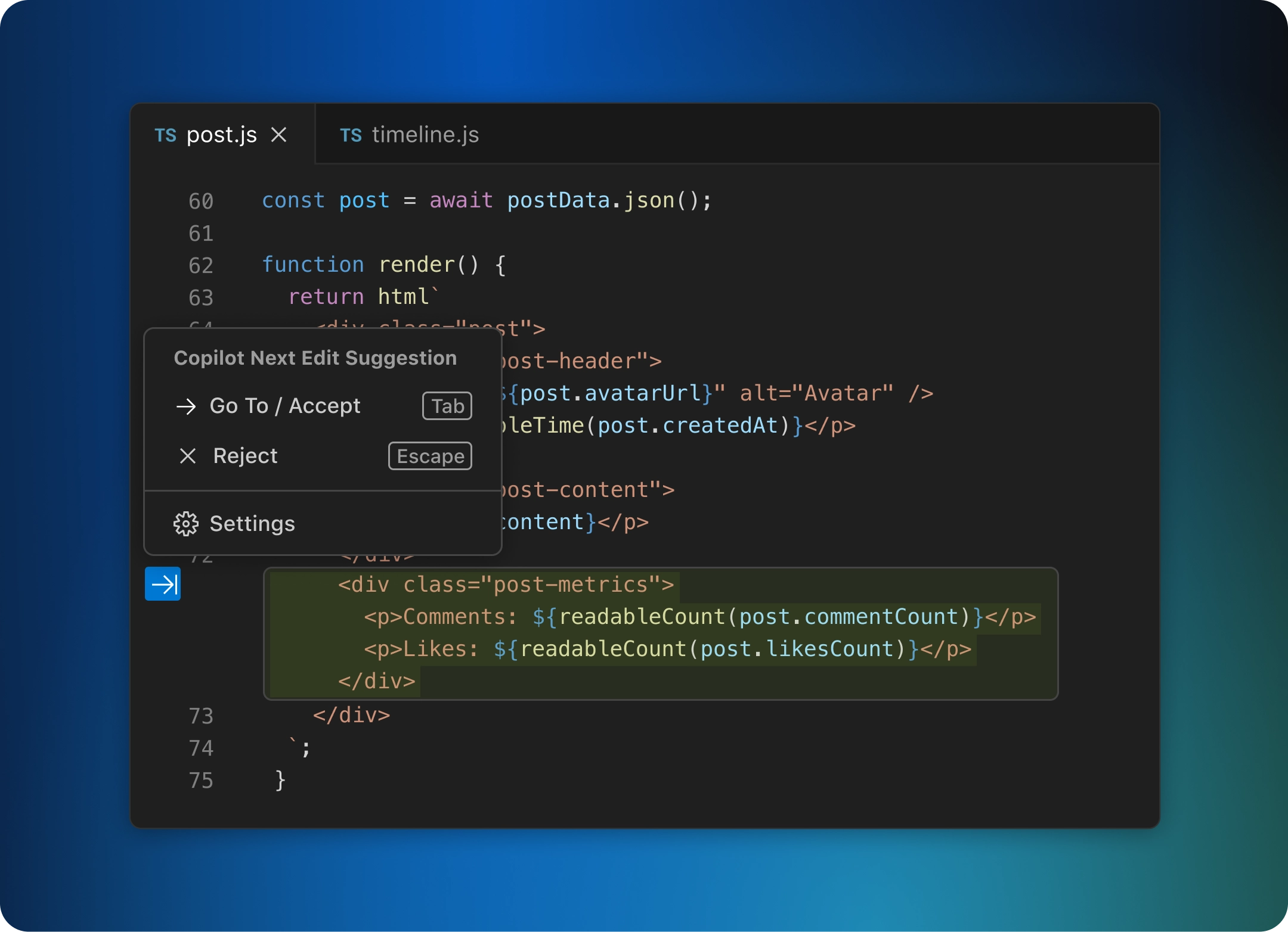 Code editor showing a JavaScript file post.js. It defines a render method that renders a social media post by calling an external API. Next edit suggestions is suggesting how to complete the implementation.
